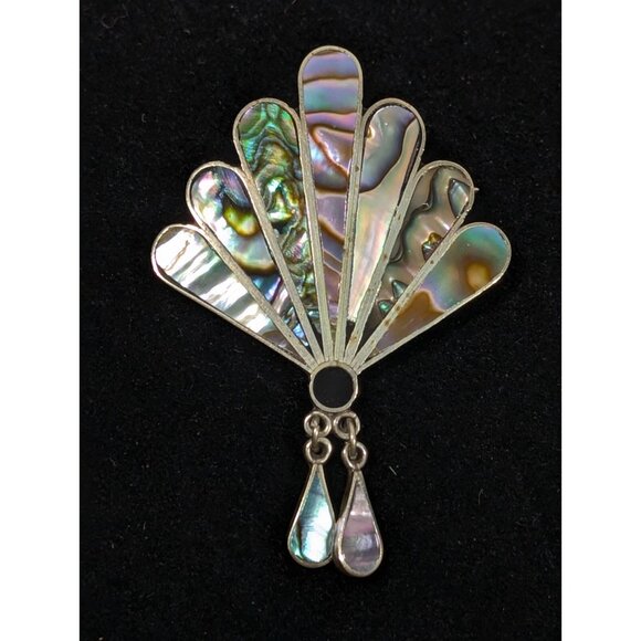 Vintage Alpaca Mexico Abalone Shell Onyx Inlay Fan Charm Brooch Pin Signed - Picture 8 of 9
